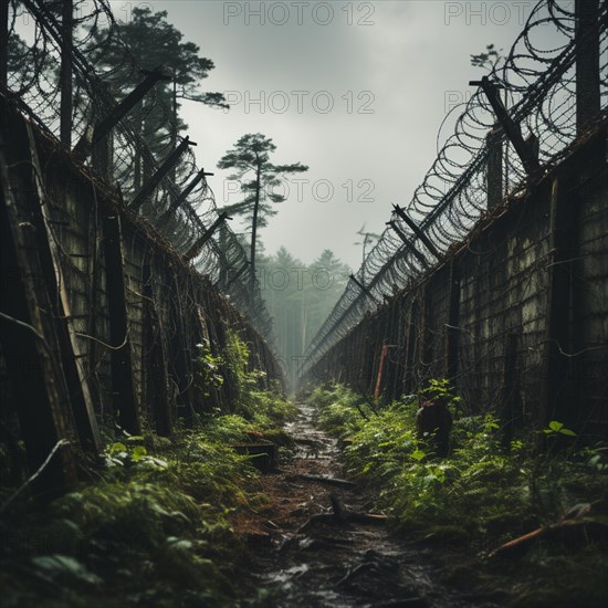 Fence a country border with barbed wire