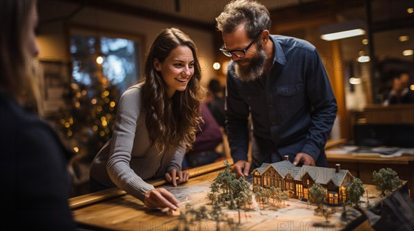 Real estate agent discussing with a young adult couple A new housing development model on the table in front of them. generative AI