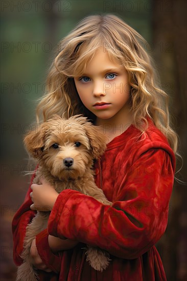 Pretty eight years old girl with long blond hair and red dress holding a Labradoodle in her arms