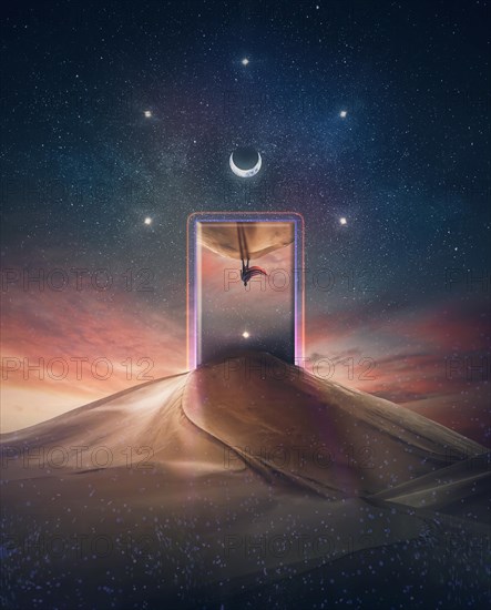 Parallel world portal open and a mysterious person with hero cape reflects in the neon gateway in the middle of a desert under the magical night sky with unique astral symbols