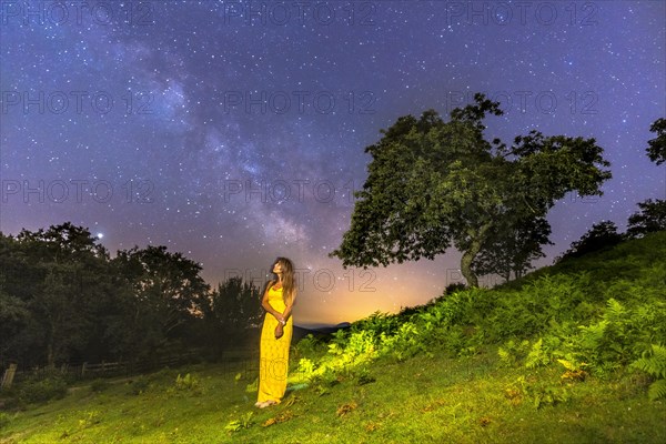 Brunette girl in yellow dress looking at the beautiful milky way on Mount Erlaitz in the town of Irun