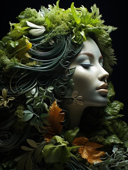 Headshot portrait of healthy woman surrounded by and partially made of fruits and vegetables