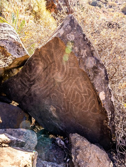 Stones with drawings of ancestors on the Las Tricias trail in the town of Garafia in the north of the island of La Palma