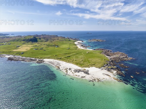 Aerial view of the sandy White Strand of the Monks on the northern part of the Isle of Iona