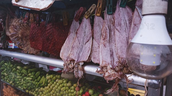 Meuk kream or khmer dried squid sold in a traditional food stall in Cambodia