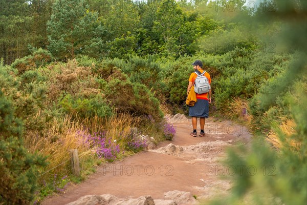 A young man on the footpath in the Broceliande forest