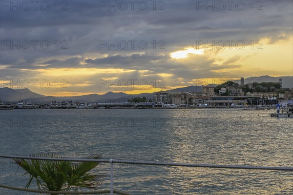 View from the Croisette in the evening on the old town and the Palais des Festivals