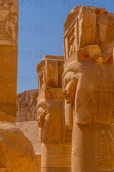 Historical sculptures on the pillars of the Hatshepsut Funerary Temple in Luxor. Egypt