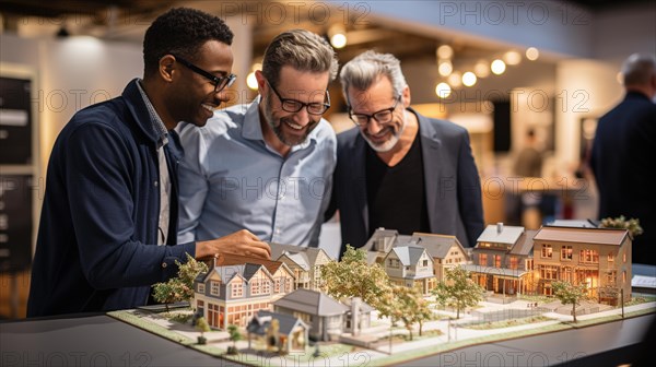 Real estate agent discussing with a male gay couple A new housing development model on the table in front of them. generative AI