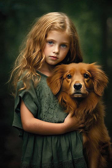 Pretty eight years old girl with red hair and green dress holding a red Golden retriever pup in her arms