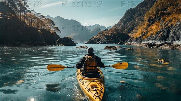 Kayaker paddling along a beautiful calm mountain river. generative AI