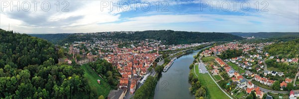 Aerial view of Wertheim am Main with a view of the castle. Wertheim