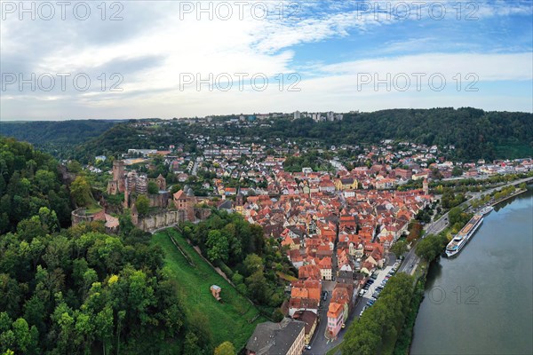 Aerial view of Wertheim am Main with a view of the castle. Wertheim