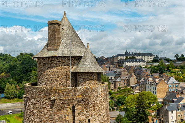 Interior of the castle of Fougeres and the city in the background. Brittany region