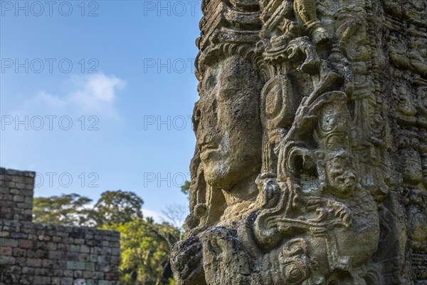 A Mayan figure in The Temples of Copan Ruinas. Honduras
