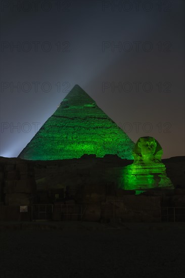 Sound and light show at the beautiful pyramids and sphinx of Giza. Night in the city of Cairo. Africa