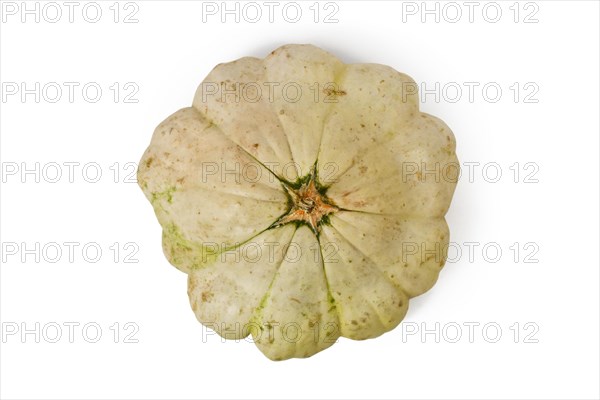 Top view of Pattypan squash with round and shallow shape and scalloped edges on white background