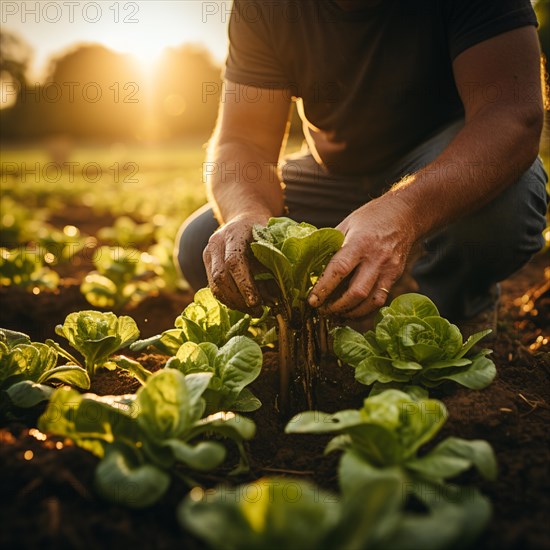 Green lettuce is harvested by a farmer