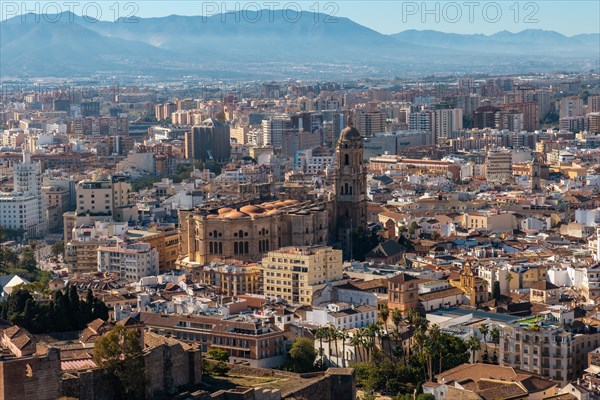 Views of the city and the Cathedral of the Incarnation of Malaga from the Gibralfaro Castle in the city of Malaga