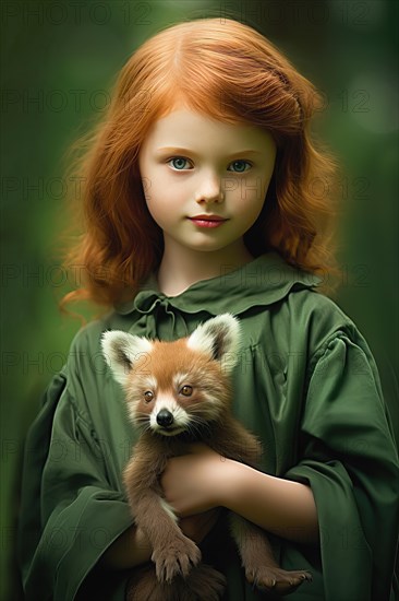 Pretty eight years old girl with long red hair and a green dress holding a panda pet in her arms