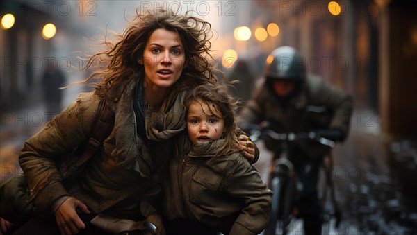 Frightened mother and young child daughter running in the streets of their war ravaged city. generative AI