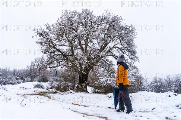 Young girl in a yellow jacket walking through the snow next to a tree. Snow in the town of Opakua near Vitoria in Araba