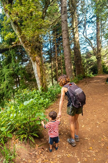 A mother with her son on the forest path