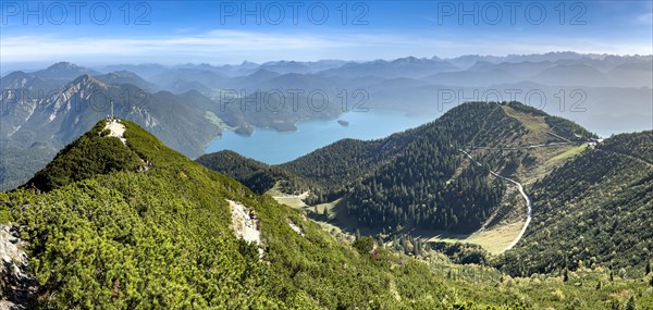 Panoramic view of the Herzogstand with Berggasthaus Herzogstand and Lake Walchen