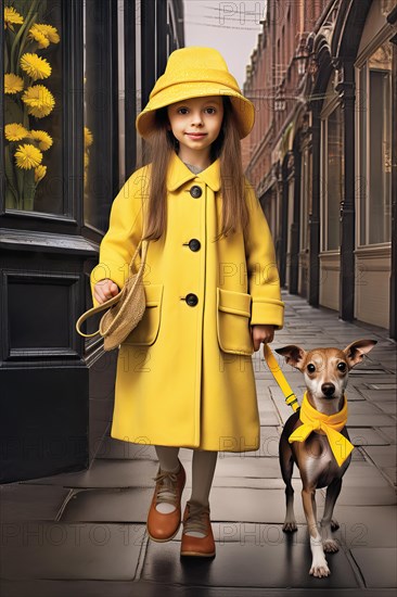 Eight years old girl wearing a yellow raincoat and hat walking with an Italian Greyhound on the leash