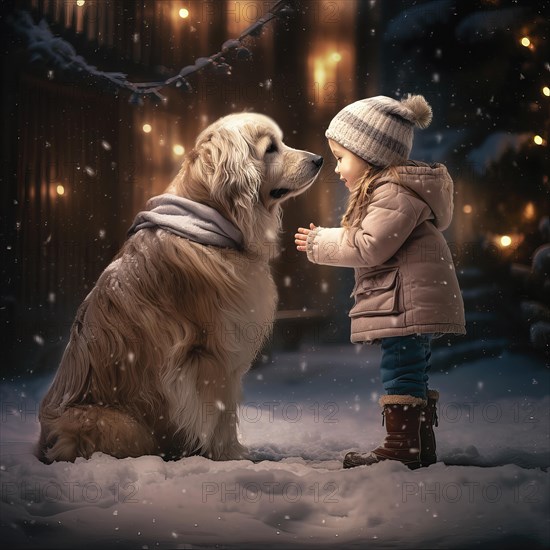 Three years old girl wearing winter clothes petting a huge Saint Bernadin in a snowy urban environment