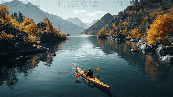 Kayaker paddling along a beautiful calm mountain river. generative AI