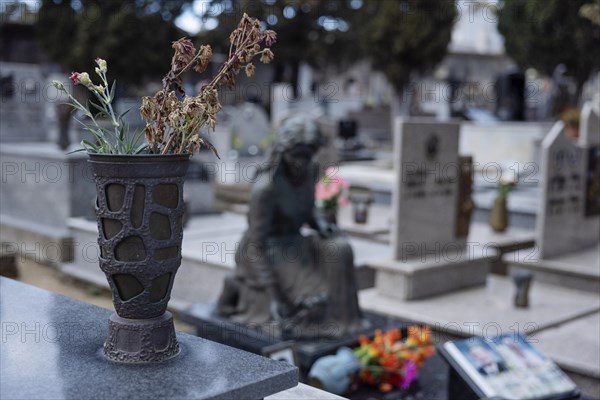 Vase with withered flowers on a grave in a cemetery