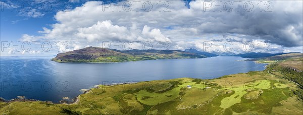 Aerial panorama of Loch Scridain sea loch on the Isle of Mull