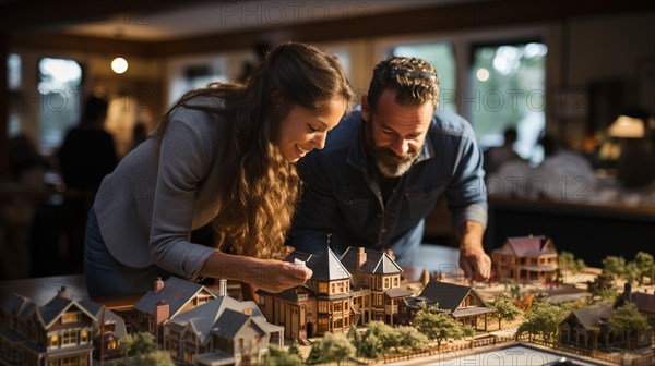 Architects working together assembling A small scale model housing developement on the table. generative AI