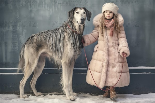 Three years old girl wearing winter clothes leading on a leash a huge Russian Wolfhound in an urban environment