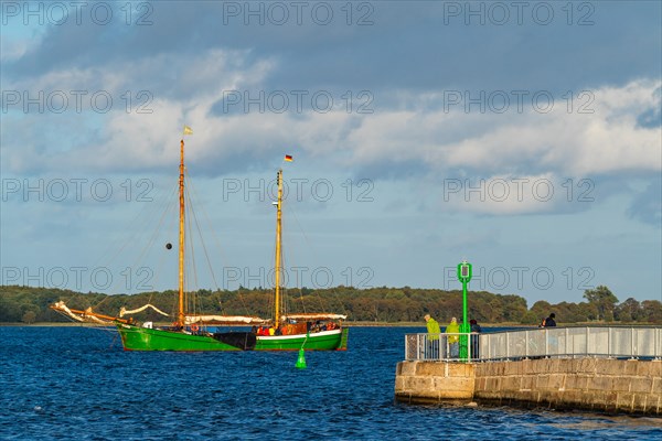 Traditional sailing boat in front of the pier at the Utkiek viewpoint in the fishing village of Wieck