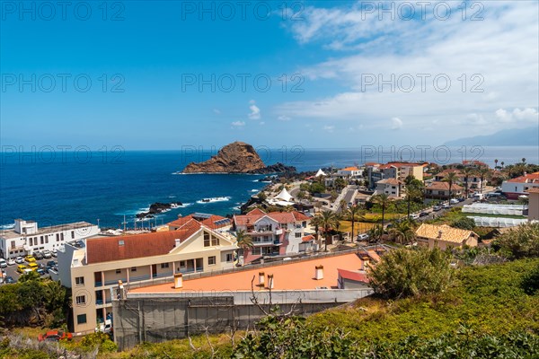 Aerial view of the coastal town of Porto Moniz famous for its natural pool