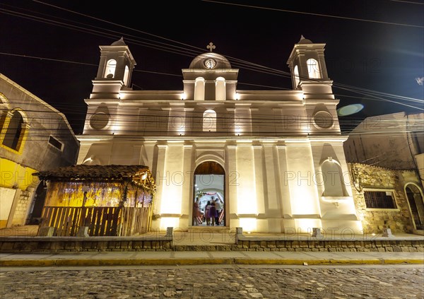 The church at night of Copan Ruinas in the square. Honduras