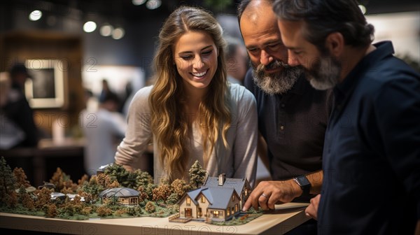 Real estate agent discussing with a young adult couple A new housing development model on the table in front of them. generative AI