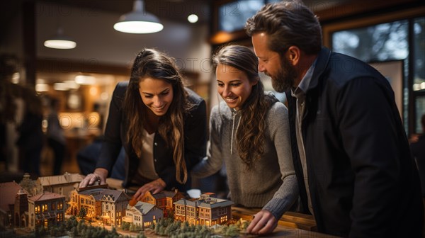 Real estate agent discussing with a young adult couple A new housing development model on the table in front of them. generative AI