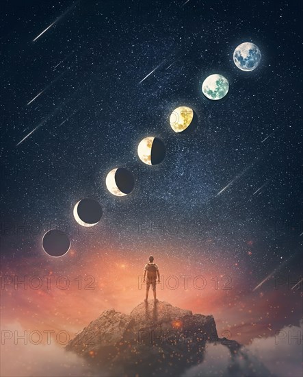 Wonderful scene with a person on the top of a mountain watching the moon phases on the starry night sky. Astronomy and astrology conceptual scene. Lunar calendar and beautiful celestial signs