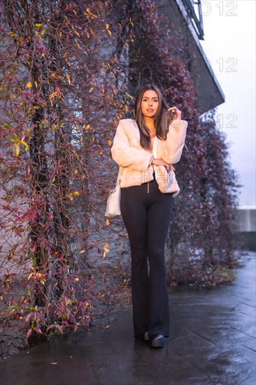 Young pretty Caucasian brunette walking in the city in winter