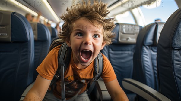 Irate child causing mayhem on an airplane bothering everyone on board. generative AI