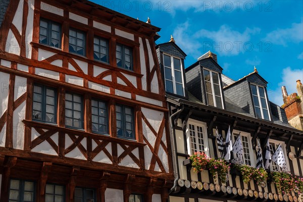 Traditional wooden houses of the medieval town of Quimper in the department of Finisterre. French Brittany