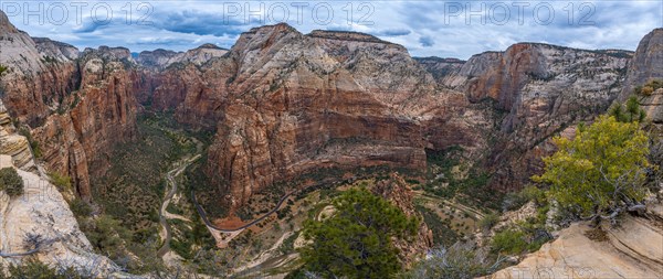 Panoramic view of the incredible views from the Angels Landing Trail up the mountain in Zion National Park