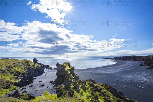 The giant black stone beach from above the Snaefellsnes coast. Iceland