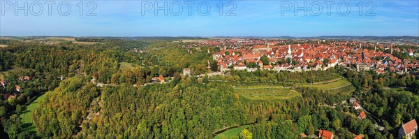 Aerial view of Rothenburg ob der Tauber with a view of the historic old town. Rothenburg ob der Tauber