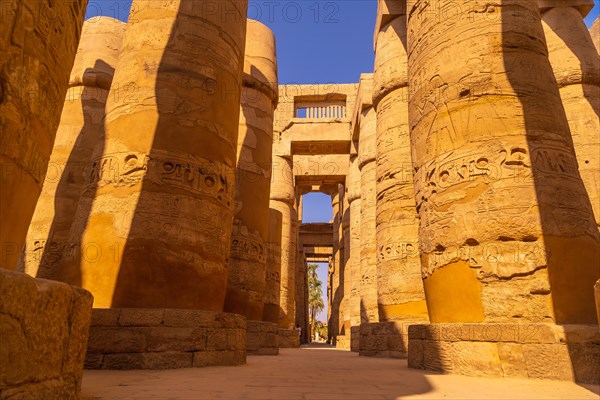 Columns with hieroglyphs inside the temple of Karnak