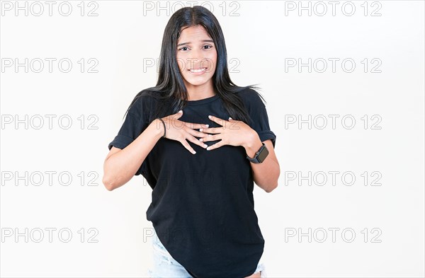 Girl with disgust face isolated. Latin girl with expression of disgust isolated. People with face disgusted on isolated background