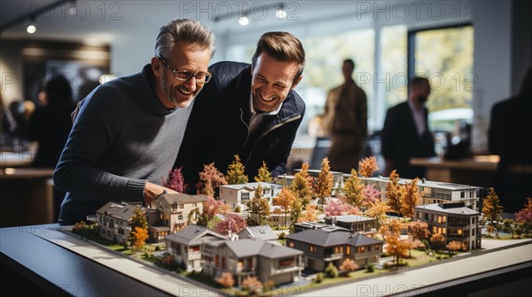 Gay couple discussing A new housing development model on the table in front of them. generative AI